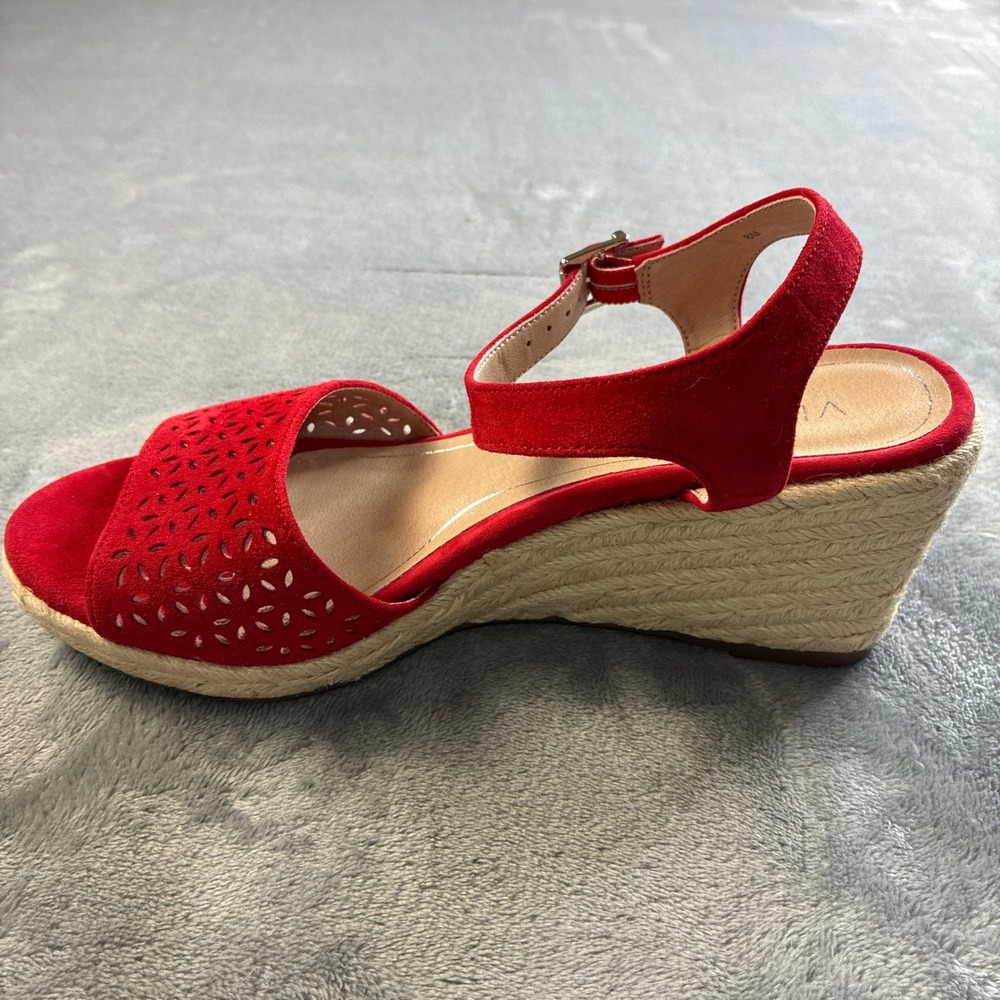 Vionic Ariel Red Suede Laser Cut Espadrille Wedge Sandals Womens 8M VS387 - Picture 14 of 16